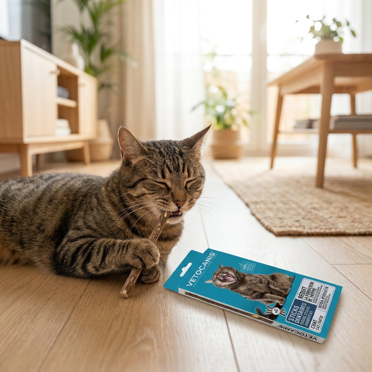Tabby-katt som gnager på en silvervine-tuggpinne med Vetocanis-förpackning bredvid sig på parkettgolv