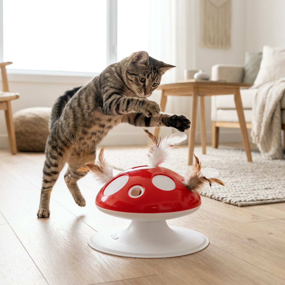 Katt som hoppar och slår mot fjädrar som poppar upp ur en röd svampformad elektronisk leksak