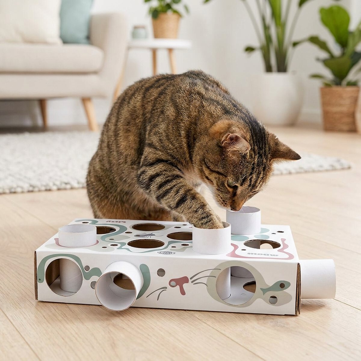 Tabby-katt som petar ner tassen i ett rör på en vit tryckt kartong-aktiveringslåda från Trixie