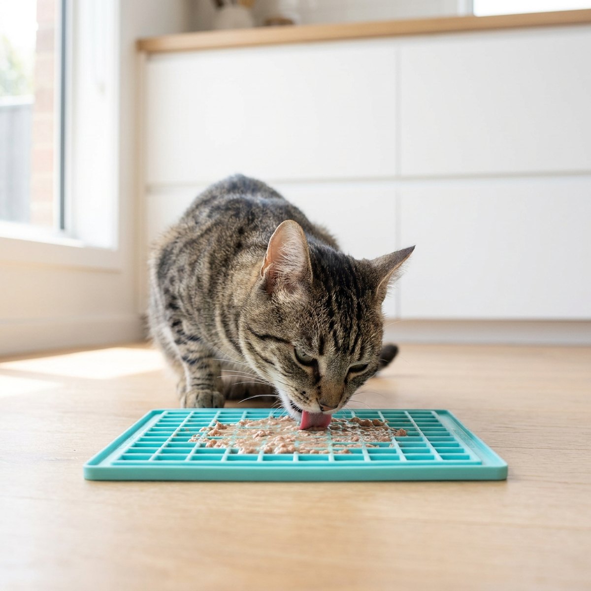Katt som slickar våtfoder från en turkos fyrkantig Lickimat slickmatta på köksgolvet