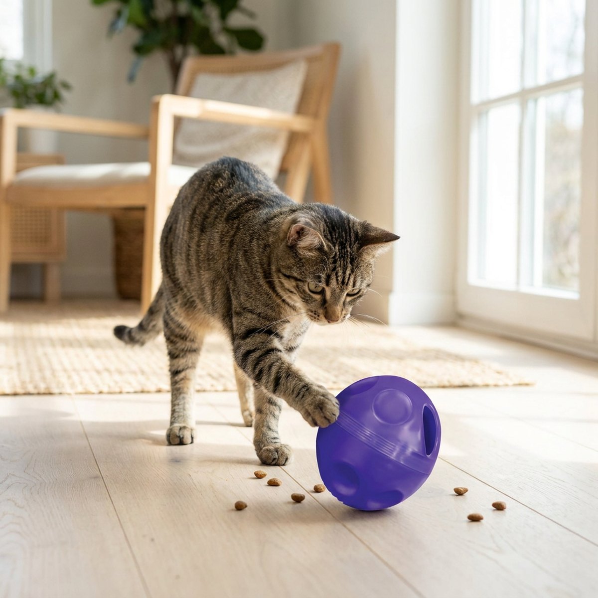 Katt som tassar på en lila KONG aktiveringsboll med kibbles på trägolvet runtomkring