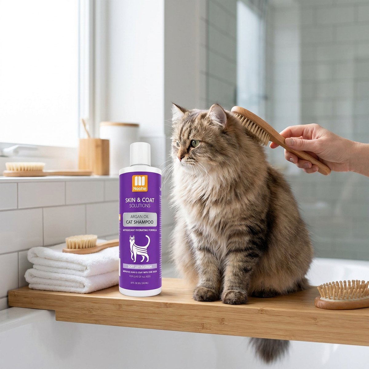 Lila Nootie kattschampoflaska med orange logga bredvid en katt som borstats på en trähylla i badrummet
