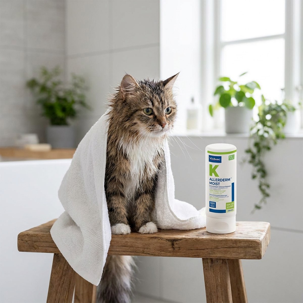 Långhårig katt med en handduk över ryggen bredvid en vit flaska Virbac Allerderm Moist