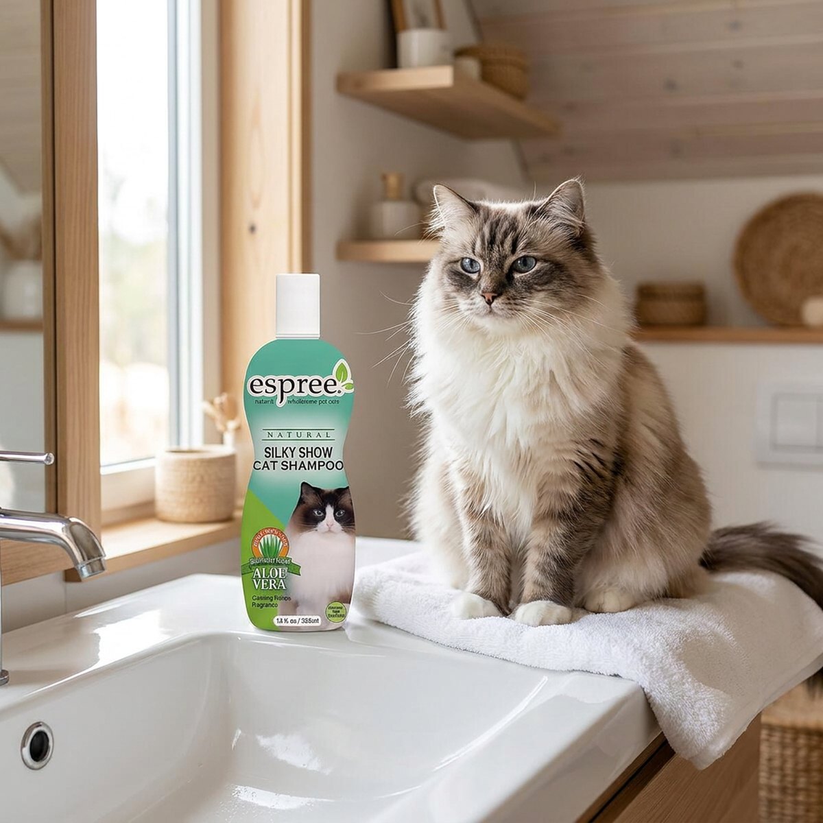 Grön Espree Silky Show kattschampoflaska bredvid en fluffig långhårig katt på ett badrumskar