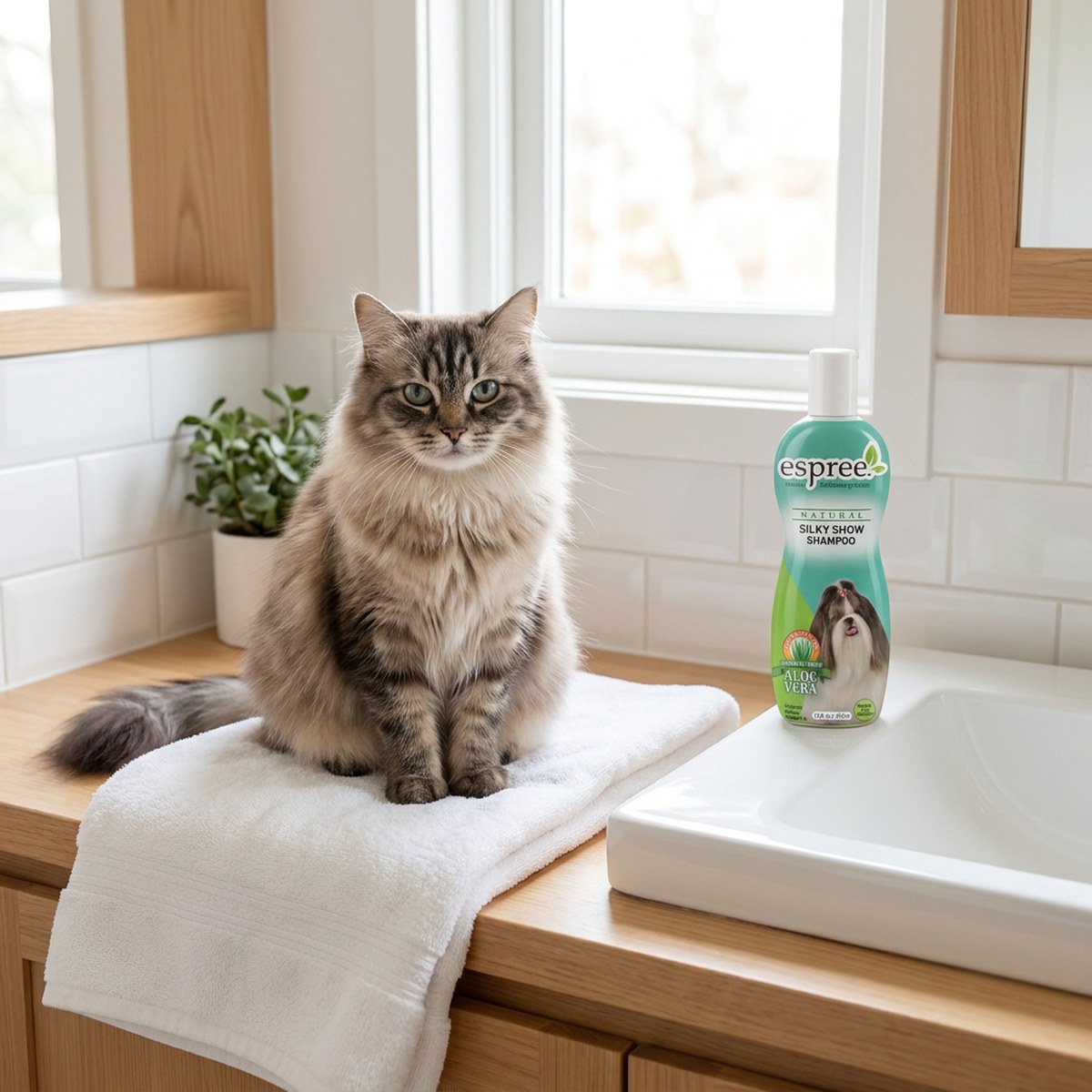 Långhårig katt på en vikt handduk bredvid en flaska Espree Silky Show Shampoo vid handfatet i ett ljust badrum