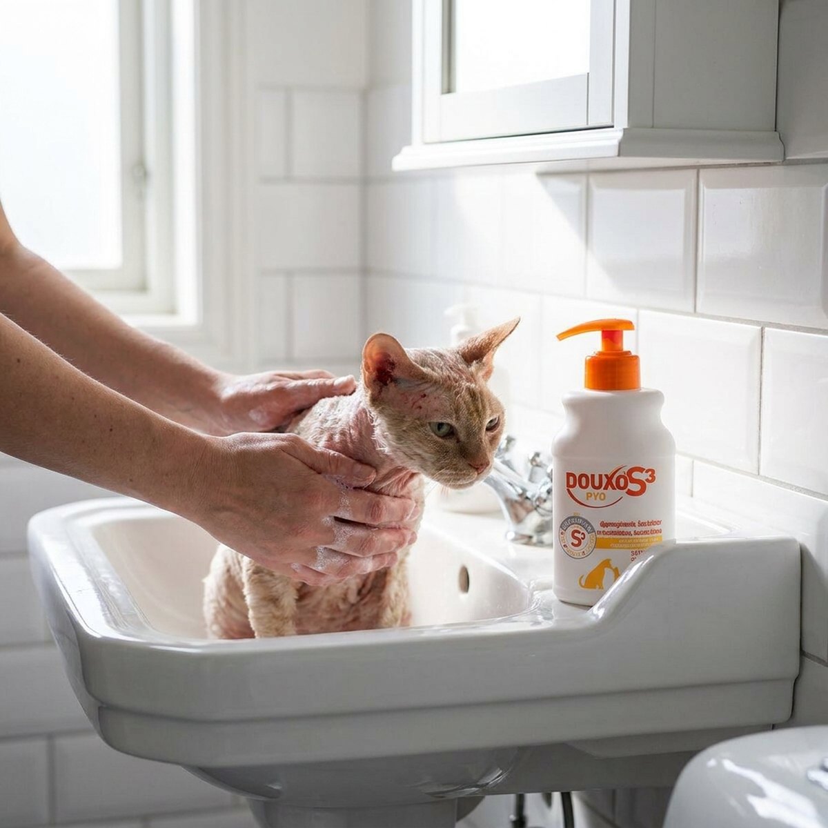 Vit Douxo S3 PYO pumpflaska med orange pump bredvid en katt som badas i ett vitt handfat