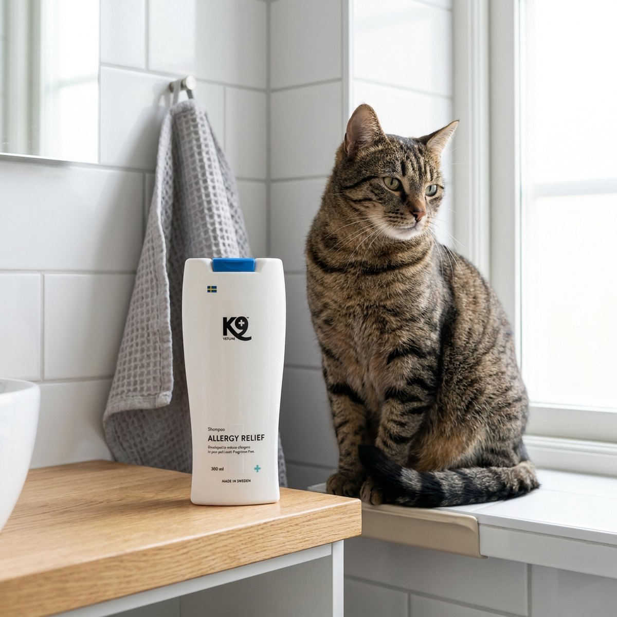Vit KQ Competition Allergy Relief schampoflaska med blå kork bredvid en tabby-katt på en badrumshylla