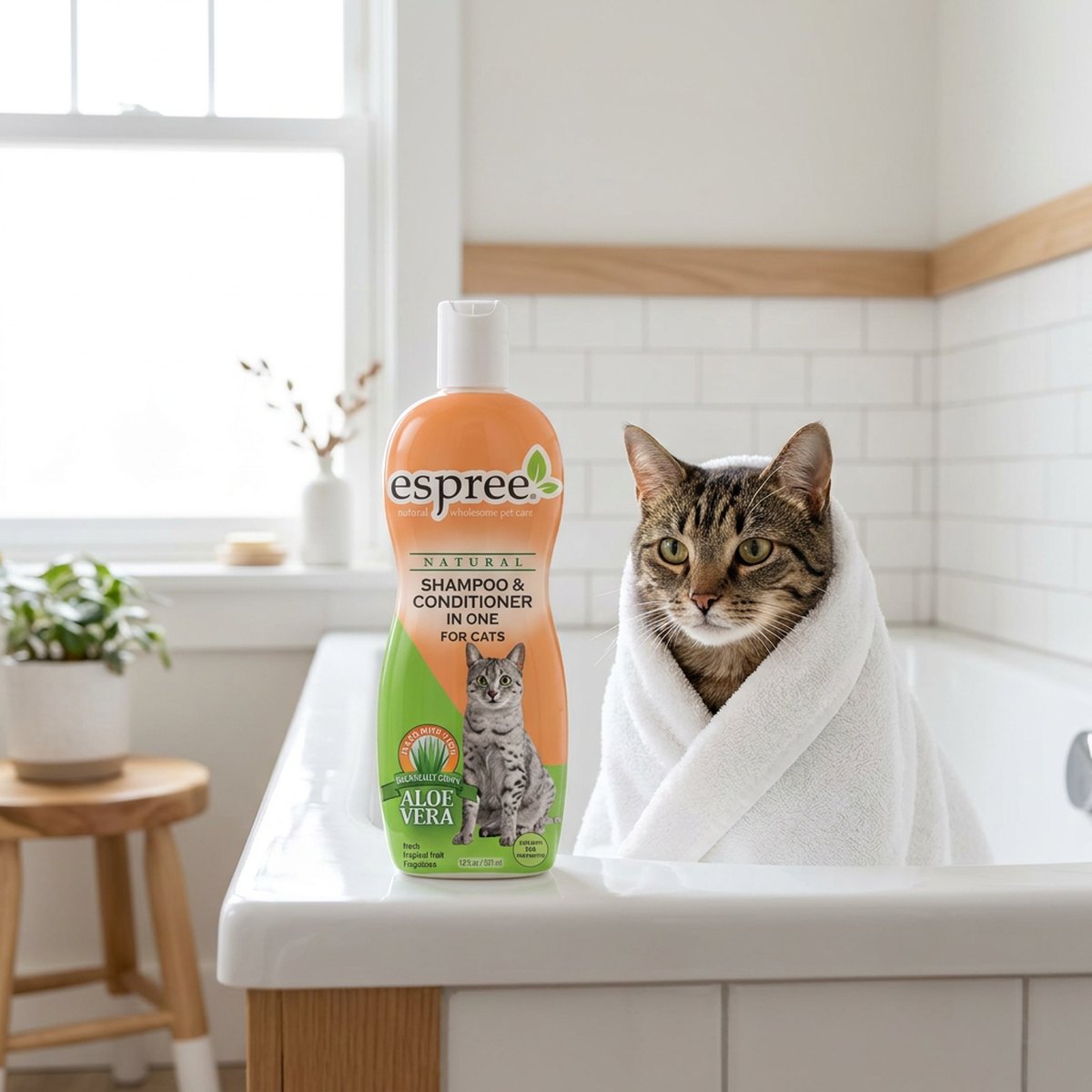 Orange-grön Espree Schampo och Balsam flaska bredvid en tabby-katt insvept i en vit handduk på badkarskanten