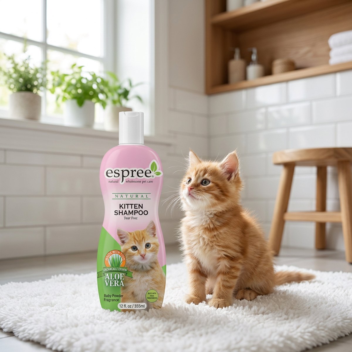 Rosa och grön Espree Kitten schampoflaska bredvid en liten röd kattunge på en vit badmatta