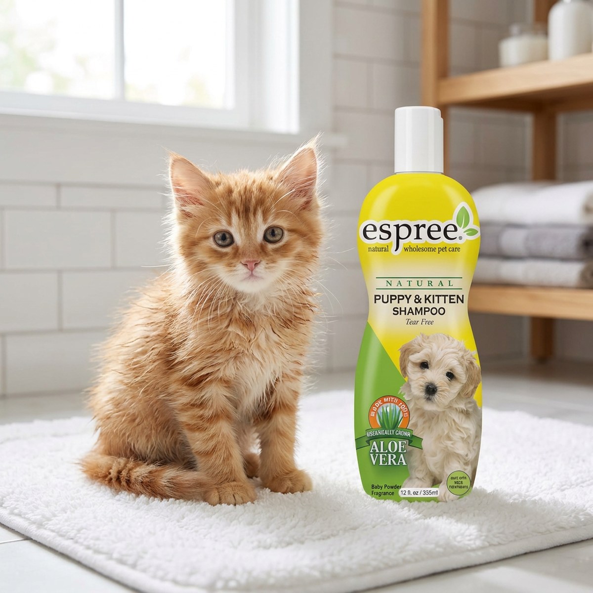 Rödbrun kattunge på en vit badrumsmatta bredvid en gul flaska Espree Puppy & Kitten Shampoo