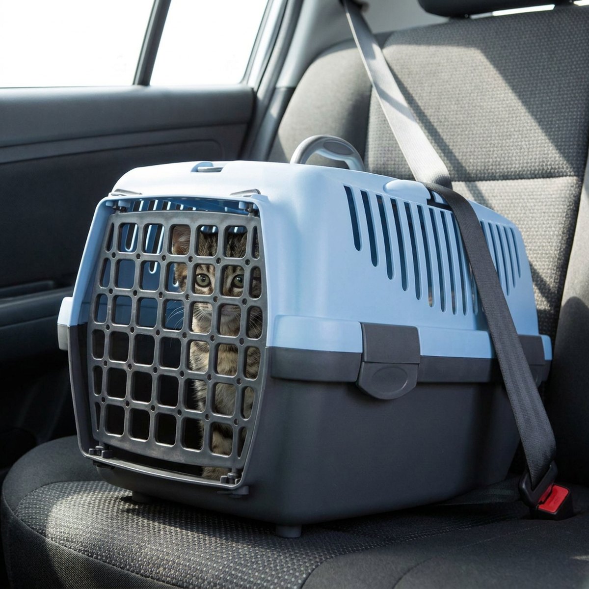 Kompakt ljusblå och mörkgrå transportbur fastspänd med bilbälte på baksäte, liten katt tittar ut