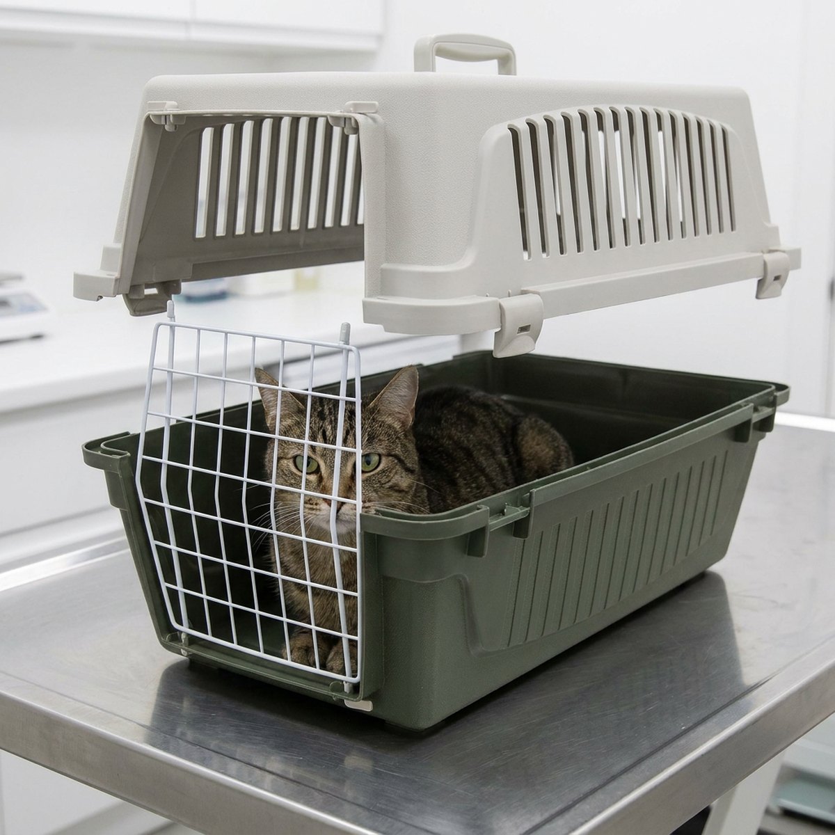 Tvådelad hårdplastbur med avtagbart lock på veterinärbord, katt sitter lugnt i underdelen