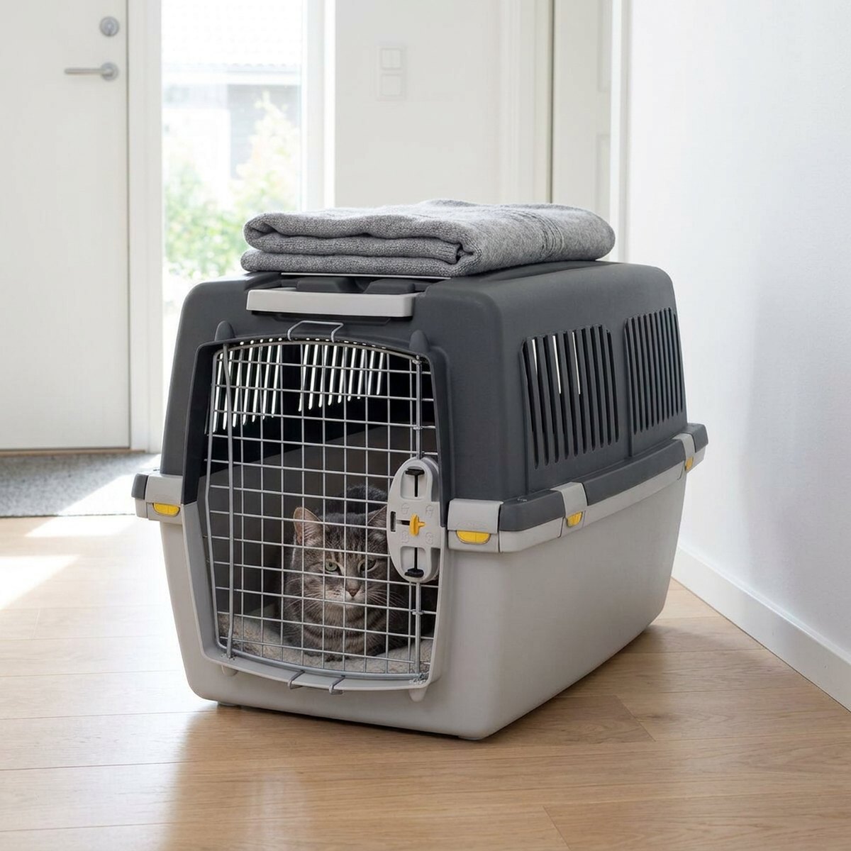 Stor grå IATA-godkänd transportbur med katt inuti, ståendes i ljus skandinavisk hall nära ytterdörr