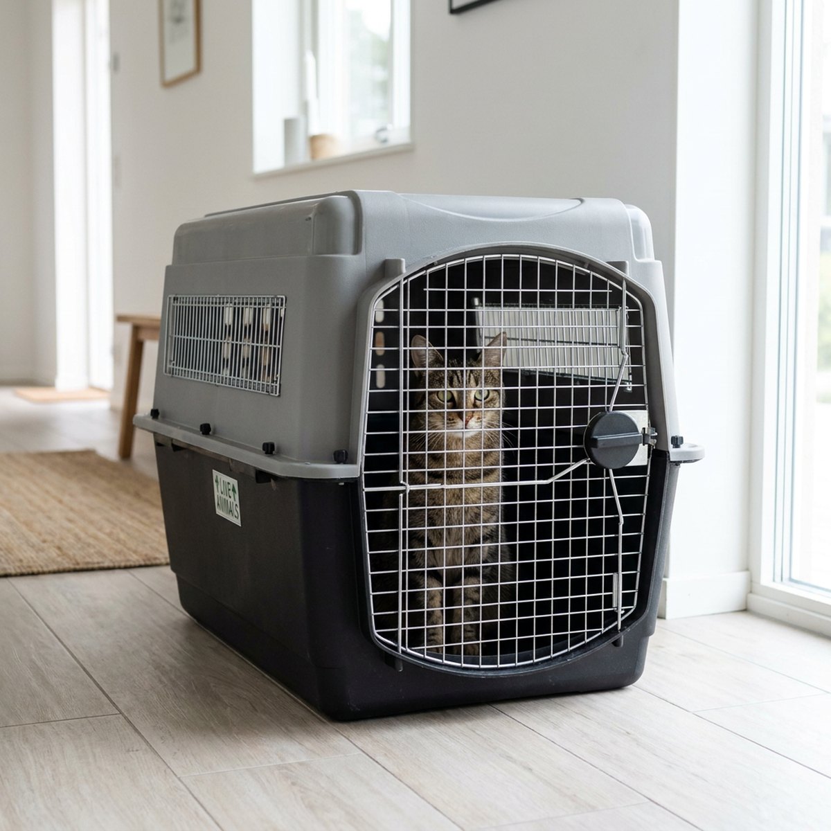 Stor robust grå och svart Sky Kennel med svetsad ståldörr på hallgolv i skandinaviskt hem, katt inuti
