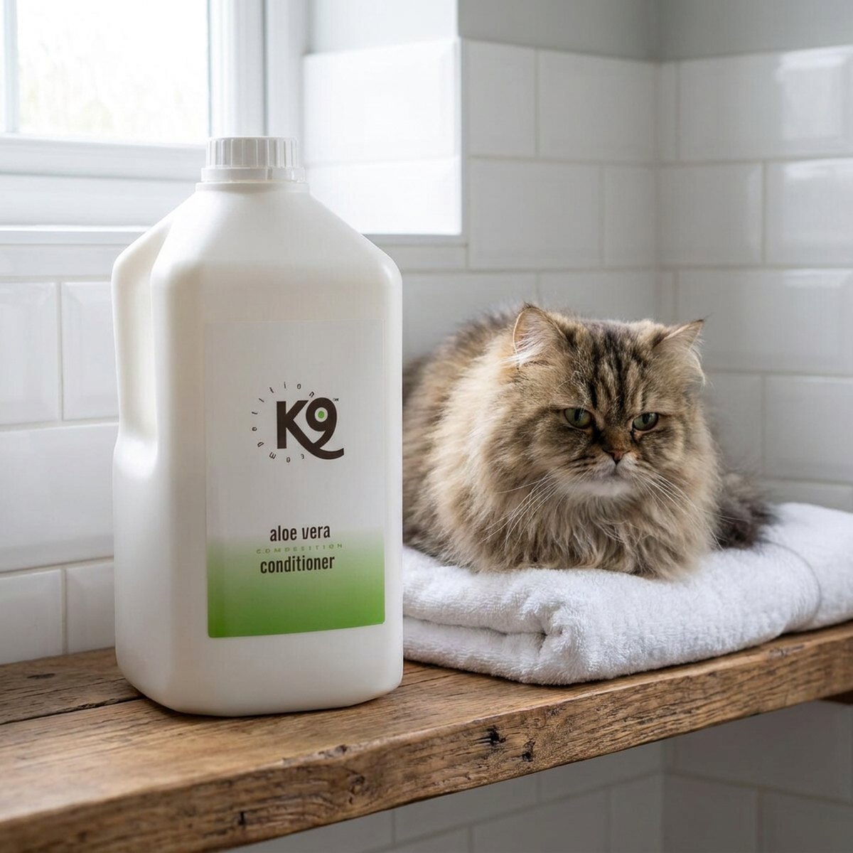 Stor vit K9 Competition Aloe Vera balsamdunk bredvid en långhårig katt på en fällbar handduk i ett badrum