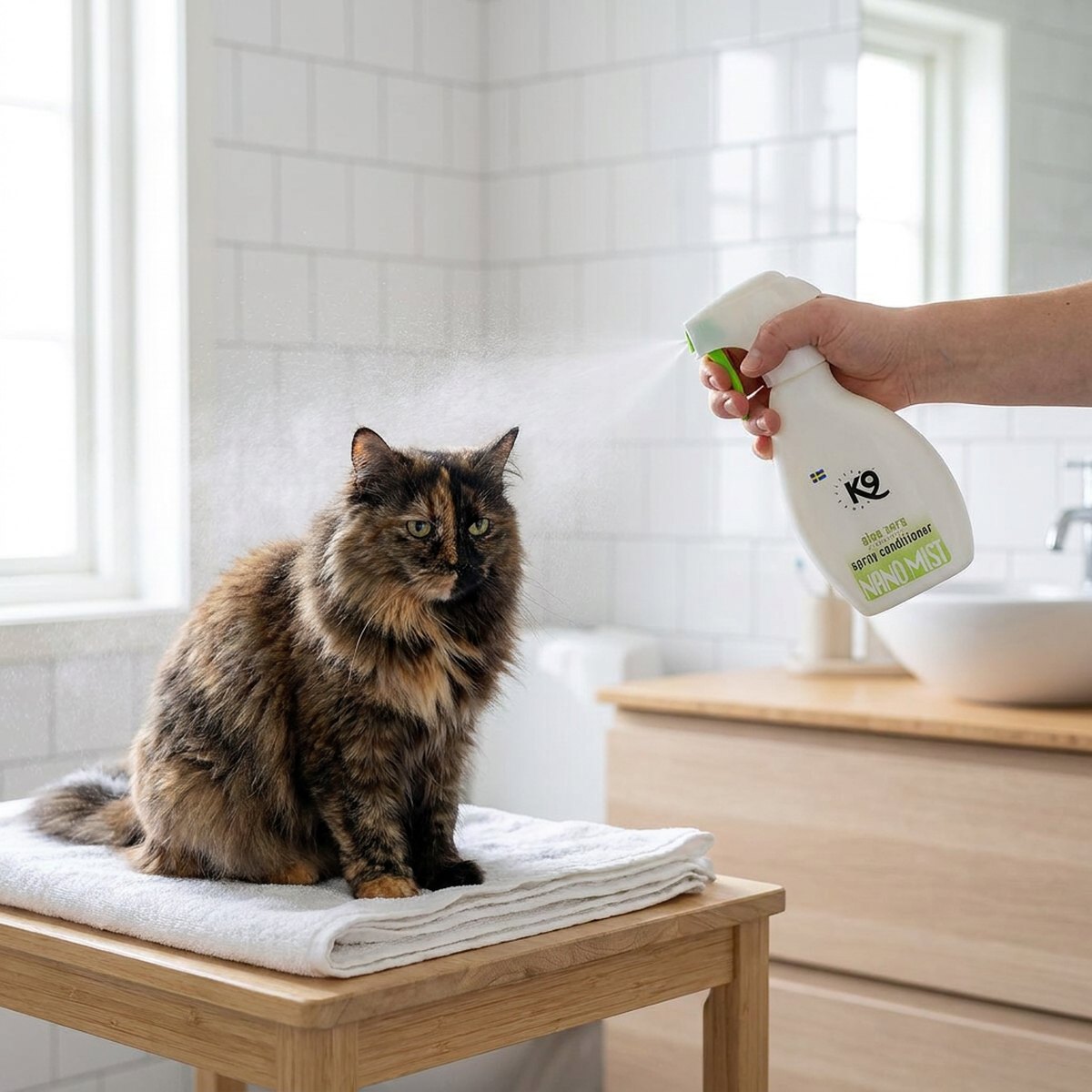 Person som sprayar K9 Competition Nano Mist på en katt som sitter på ett bord i ett skandinaviskt badrum