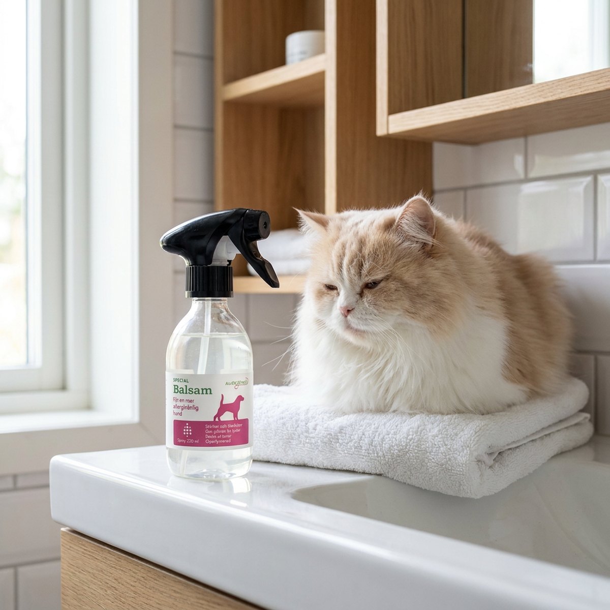Allergenius Specialbalsam sprayflaska på ett badkarskant bredvid en lugn långhårig katt i ett ljust badrum