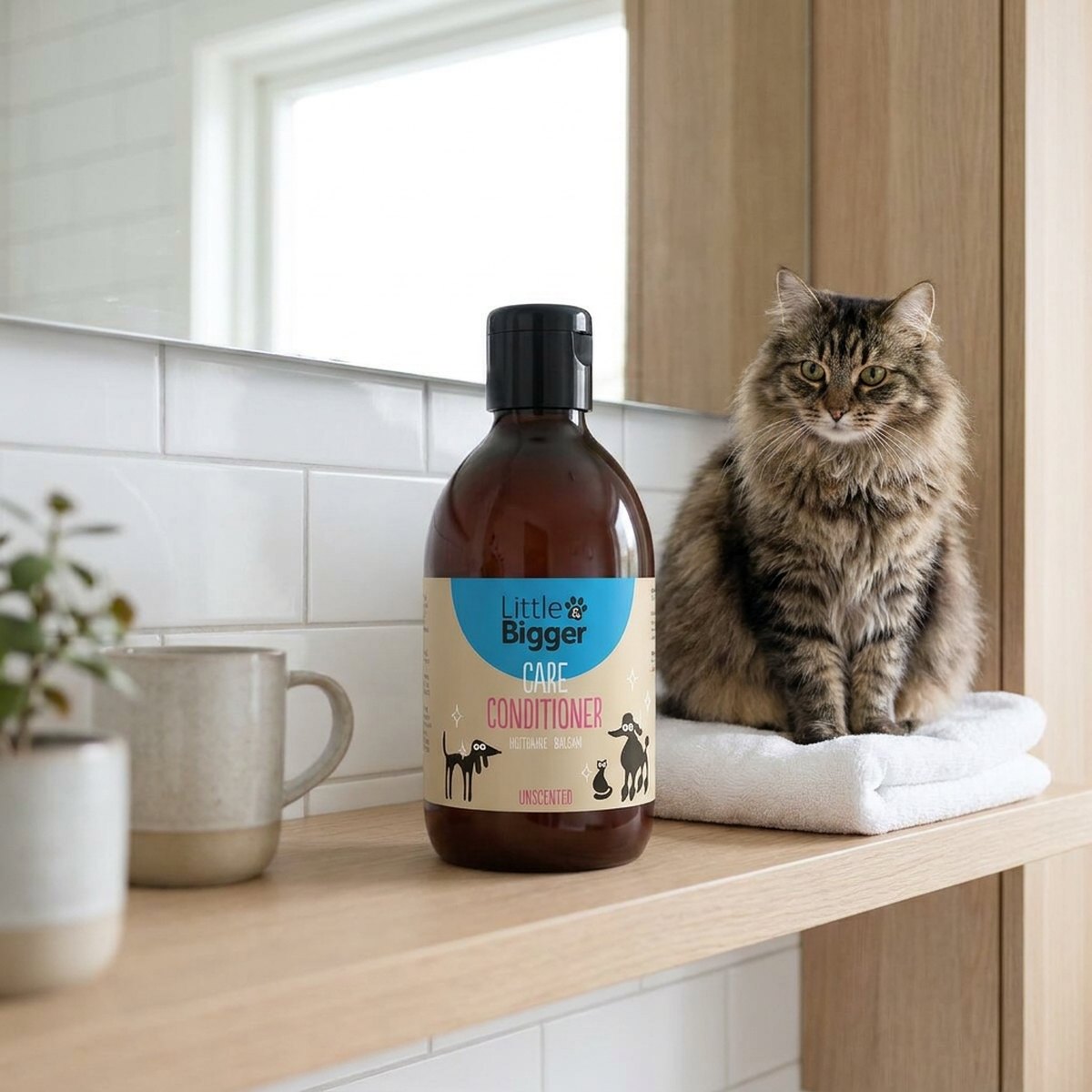 Little&Bigger Care Unscented balsamflaska på en trähylla bredvid en fluffig katt i ett ljust skandinaviskt badrum