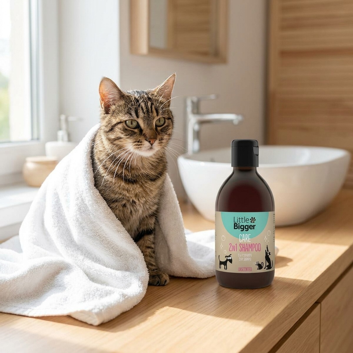 Randig katt insvept i en vit handduk på en badrumsbänk bredvid en brun flaska Little&Bigger Care 2in1 Shampoo Unscented
