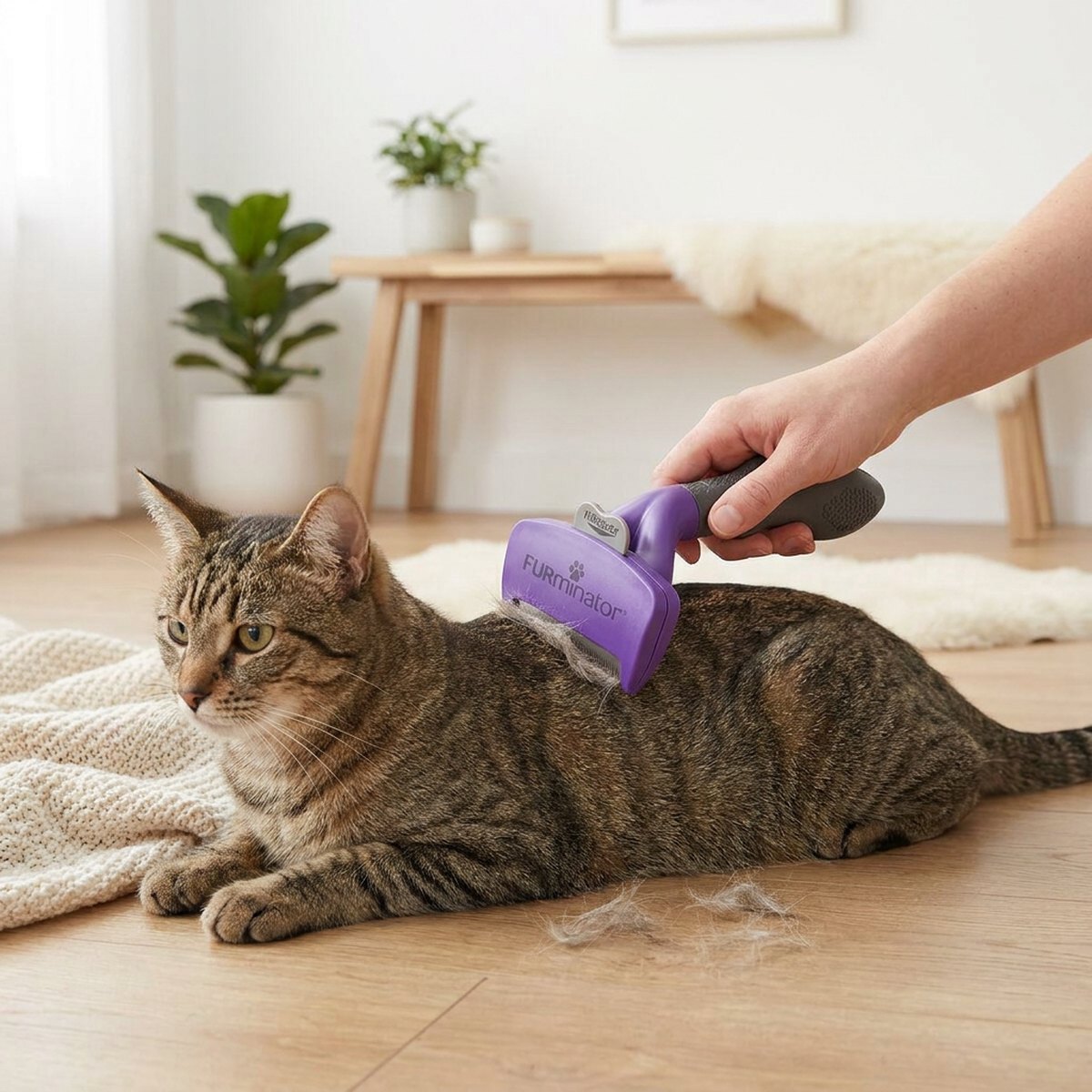 Korthårig tabby-katt som borstas med FURminator Short Hair i ett ljust rum