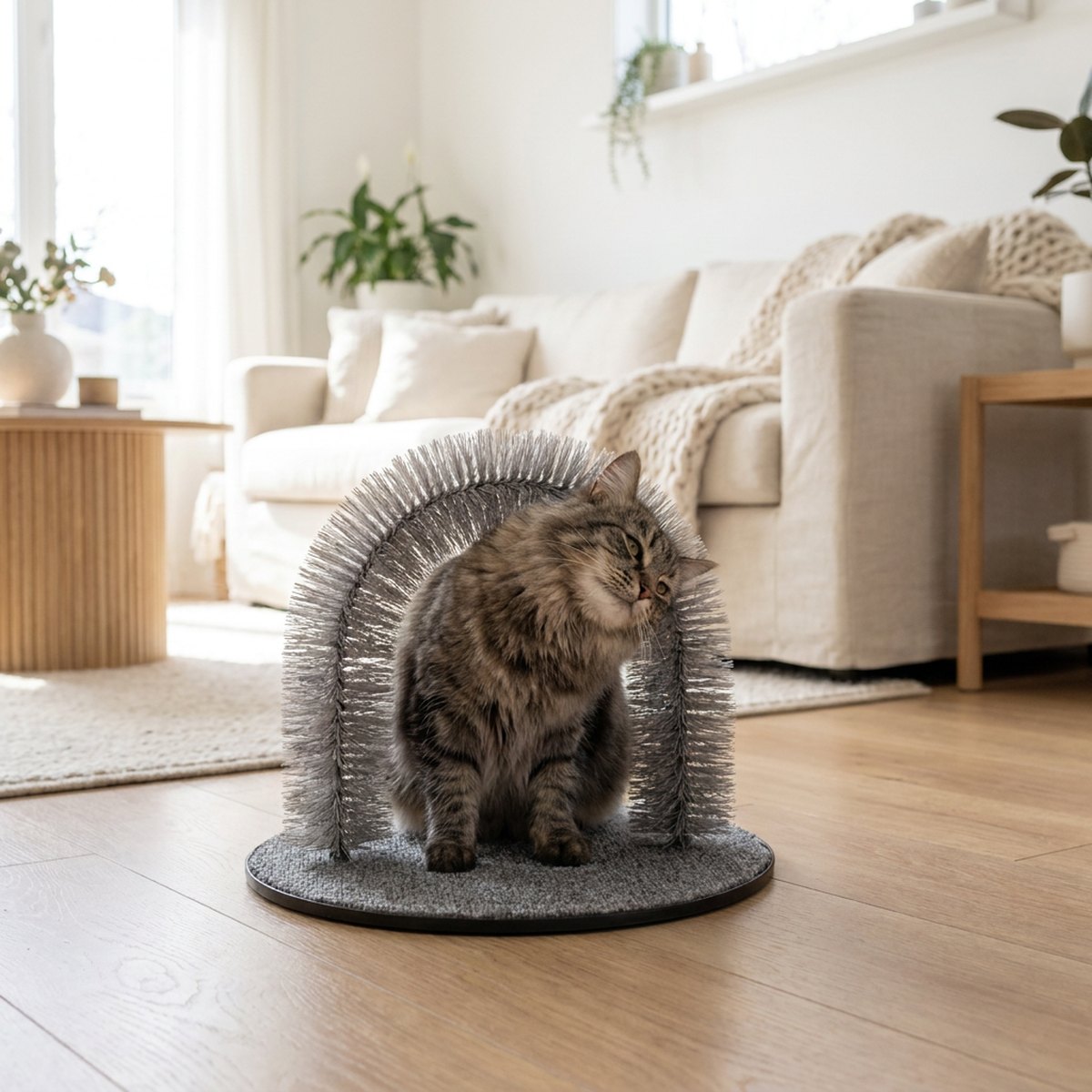 Katt som gnuggar sig genom en grå massagebåge på runt underlag i ett skandinaviskt hem