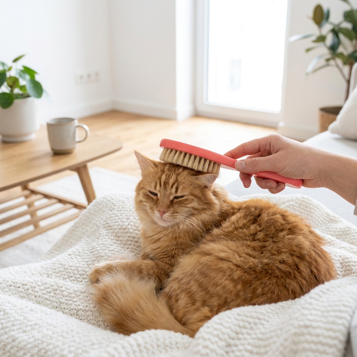 Orange katt som borstas med rosa FirstVet Trixie-borste på mjuk filt i vardagsrum
