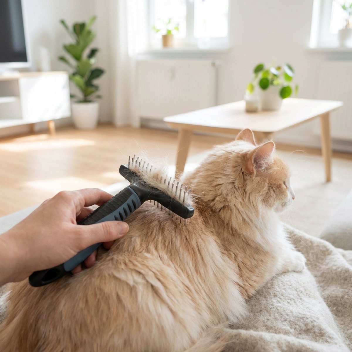 Långhårig katt som borstas med Trixie Underullskarda i ett skandinaviskt vardagsrum