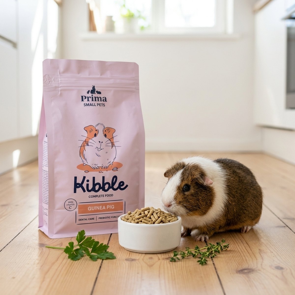 Marsvin vid en skål Prima Small Pets Kibble-pellets med foderpåsen på ett trägolv i skandinaviskt kök
