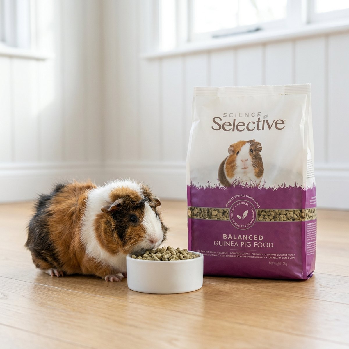 Marsvin äter pellets ur en skål bredvid en Science Selective Guinea Pig foderpåse på trägolv
