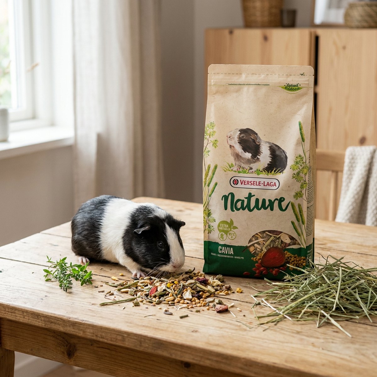Svart-vitt marsvin på ett träbord med Versele-Laga Nature Cavia müsli och foderpåsen bredvid