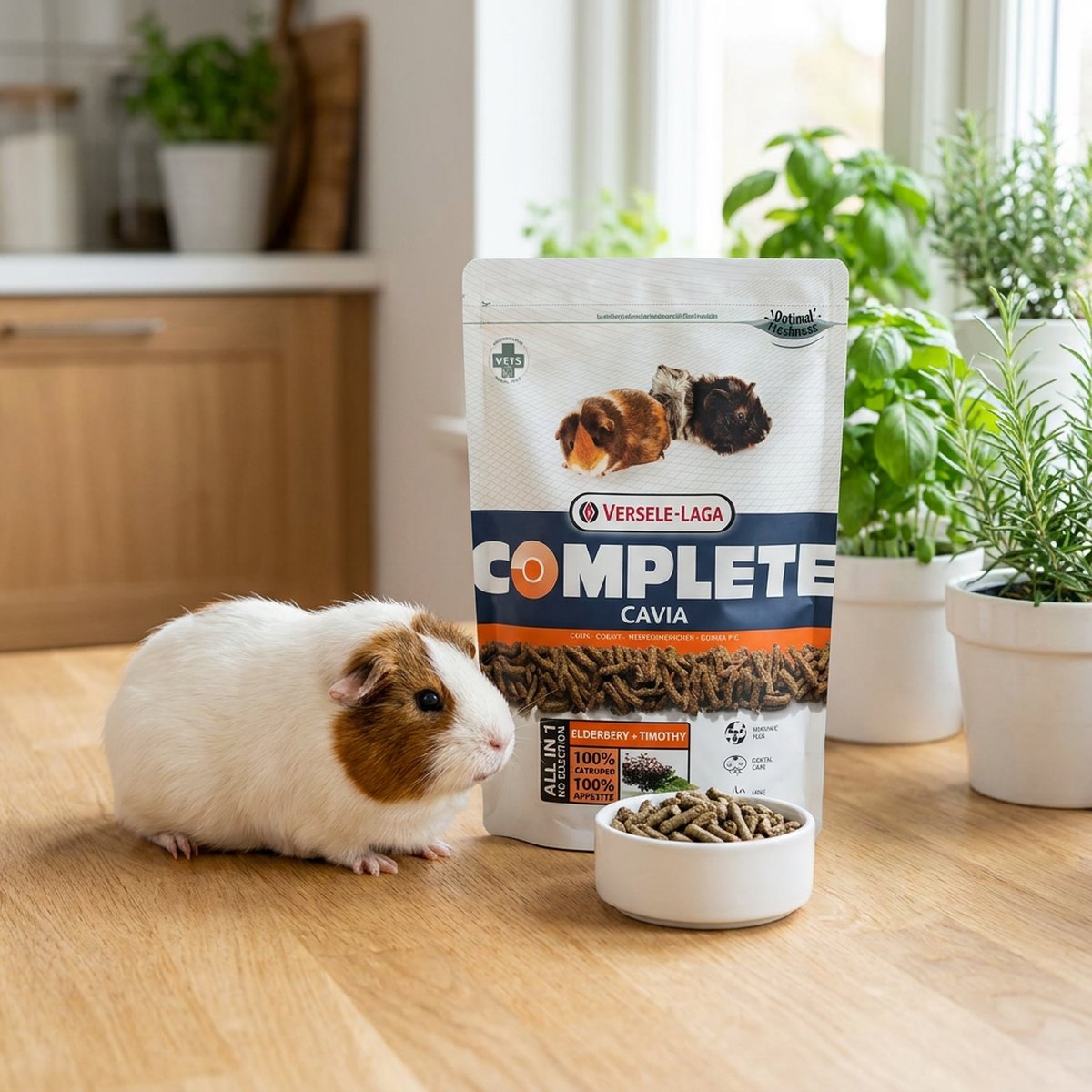 Marsvin bredvid en påse Versele-Laga Complete Cavia med en skål pellets i ett ljust kök