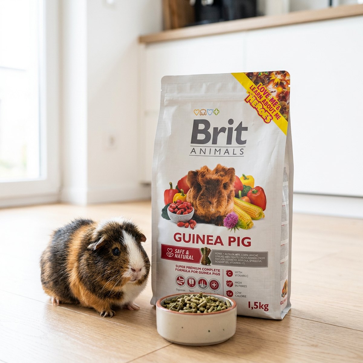 Marsvin som äter från en skål Brit Animals pellets med den vita foderpåsen bredvid på trägolv