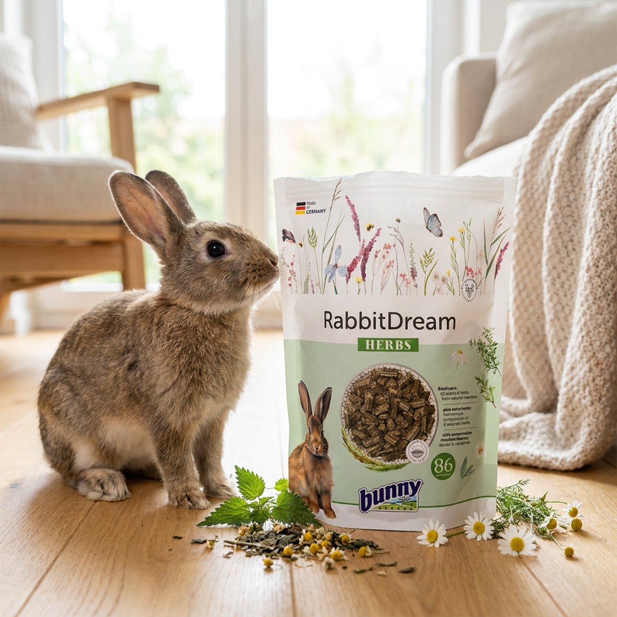 Kanin nosas mot en påse Bunny Nature RabbitDream Herbs müsli på ett trägolv i ett skandinaviskt hem