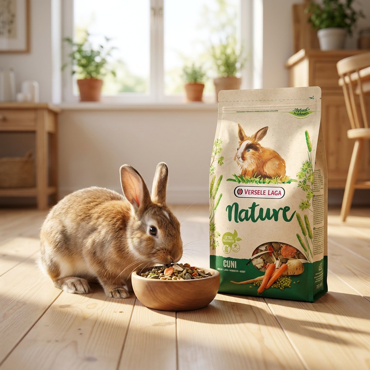 Kanin äter müsli ur en träskål bredvid en påse Versele-Laga Nature Cuni på ett skandinaviskt köksgolv