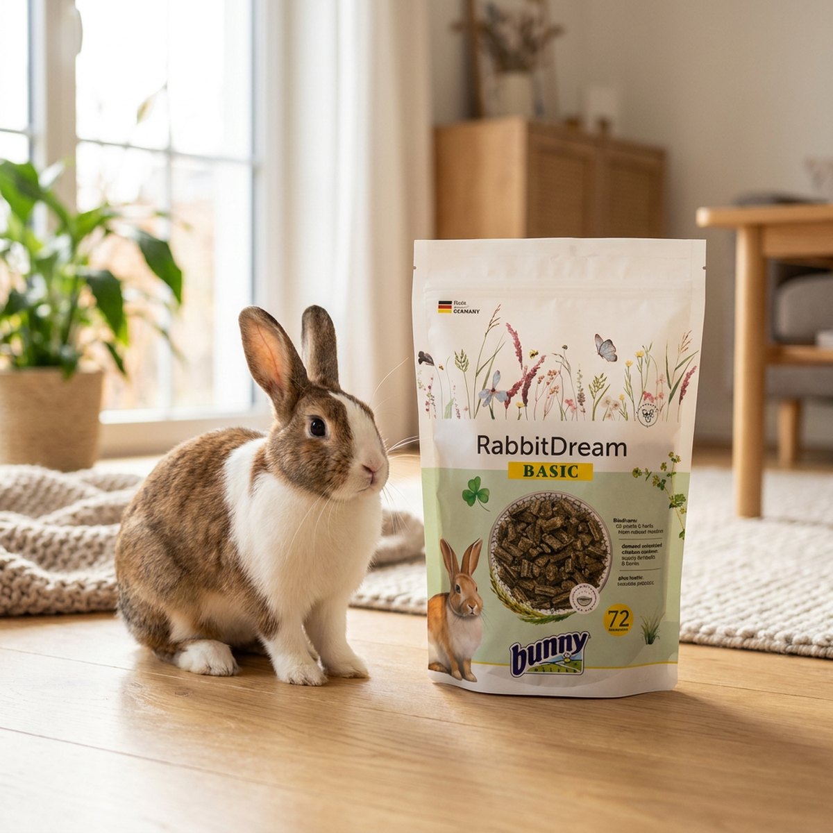 Kanin sitter bredvid en påse Bunny Nature Dream Basic pelletsfoder i ett ljust skandinaviskt vardagsrum