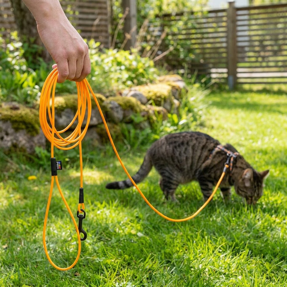 Hand håller ett signaloranga tunt kattkoppel av Rukka medan tabbyskatt nosar i grön trädgård