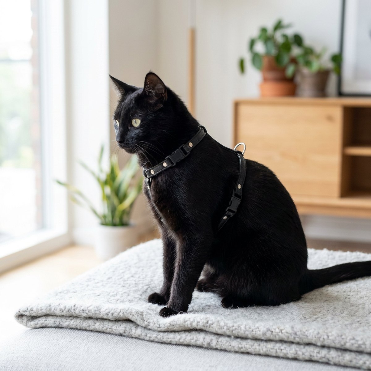 Svart katt med svart nappalädersele sitter på grå filt i minimalistiskt skandinaviskt vardagsrum