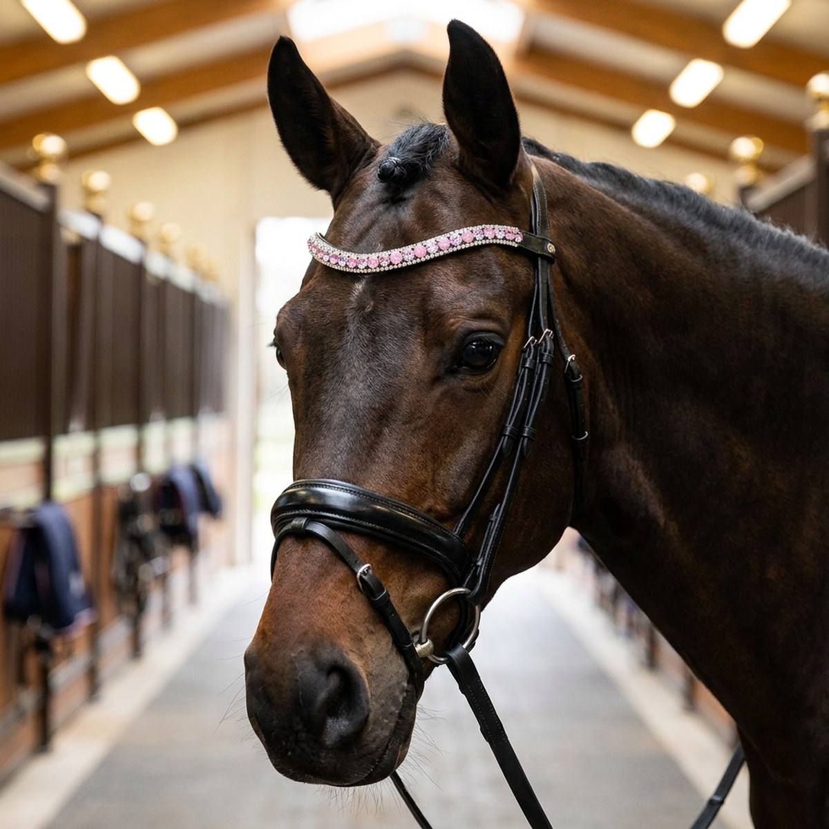 Häst bär ljusrosa strasspannband på mörkt betsel