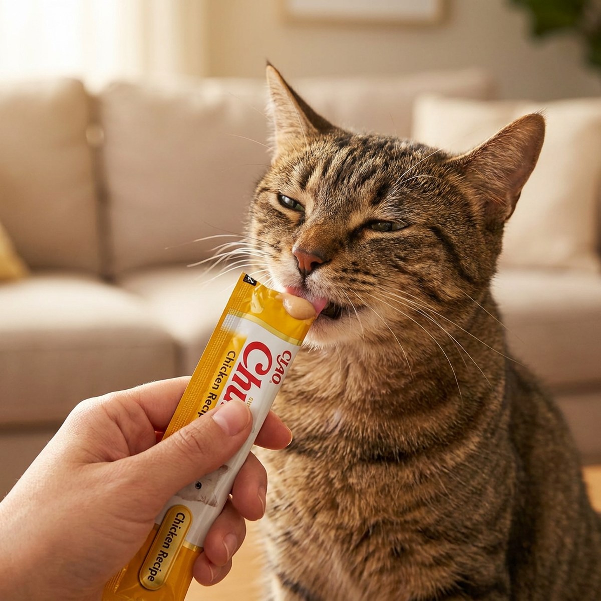 Katt slickar krämigt godis direkt ur tuben ur ägarens hand
