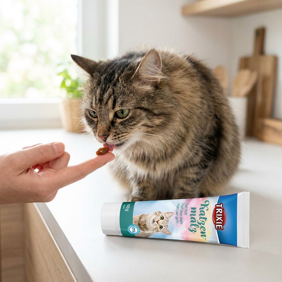 Katt slickar maltpasta från ett finger bredvid tuben på en köksbänk