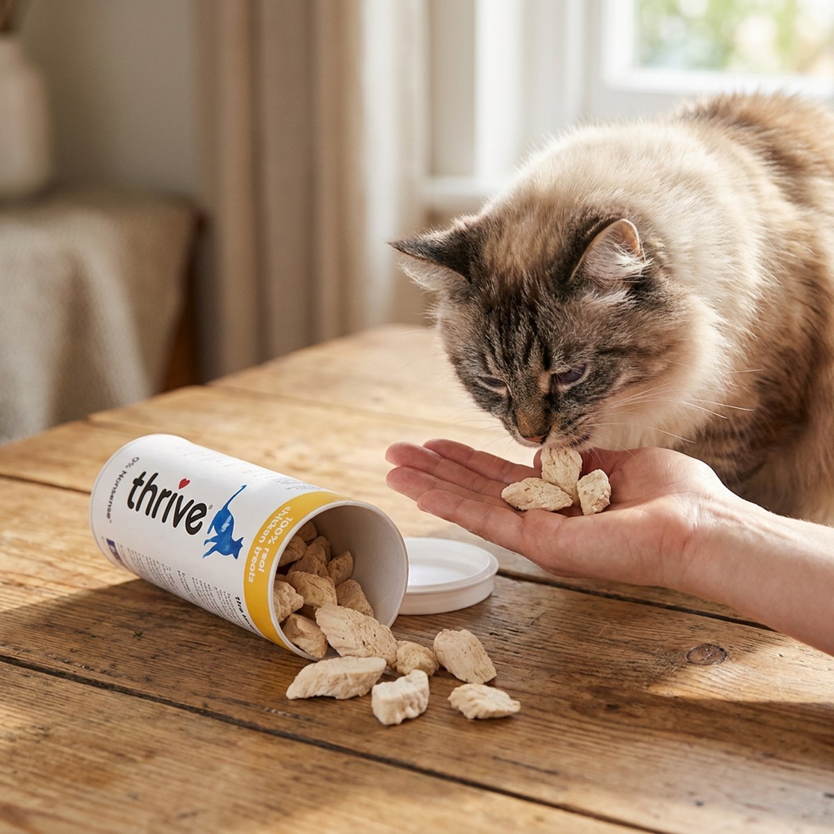 Katt tar en frystorkad kycklingbit ur en utsträckt hand