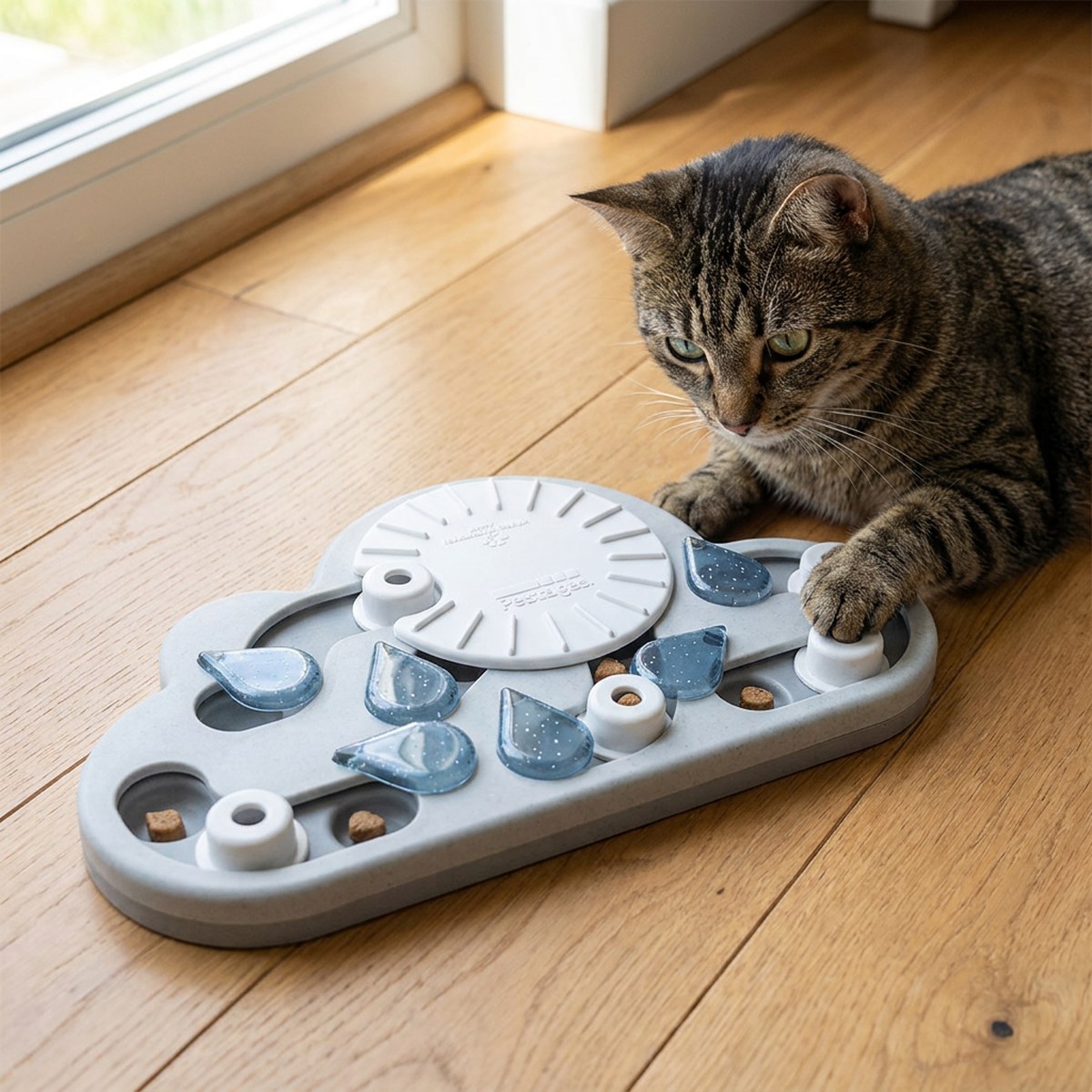 Katt fiskar upp godis ur facken på ett aktiveringspussel