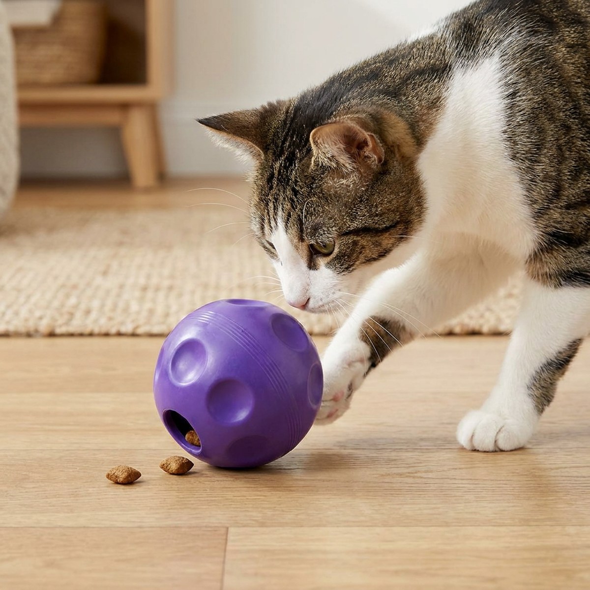 Katt nosar på en godisboll med utfallna godisbitar bredvid