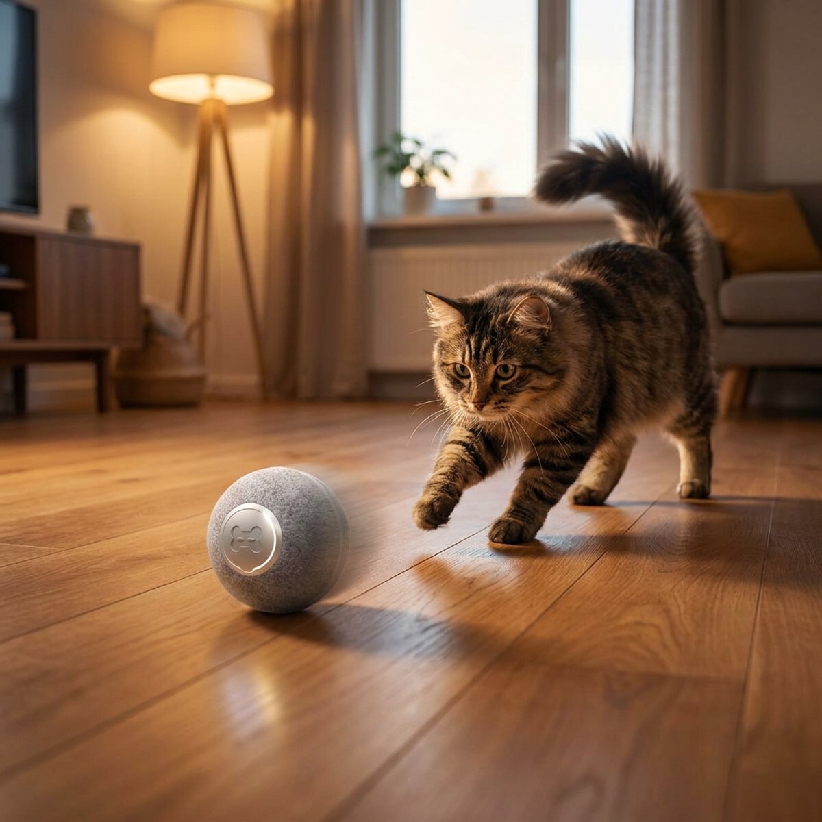 Självgående grå boll med LED rullar över golvet medan katten jagar