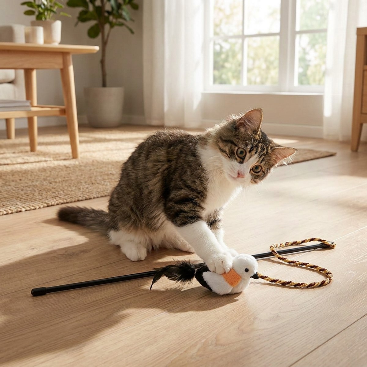 Katt tassar på en liten fågelformad leksak på trägolvet