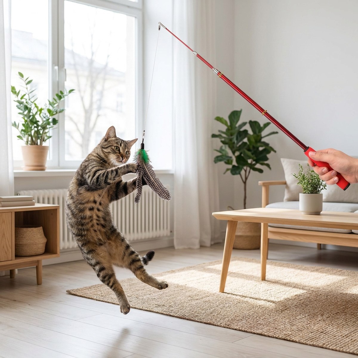 Katt som hoppar efter fjäderbetet på ett teleskopspö med lina i ett ljust vardagsrum