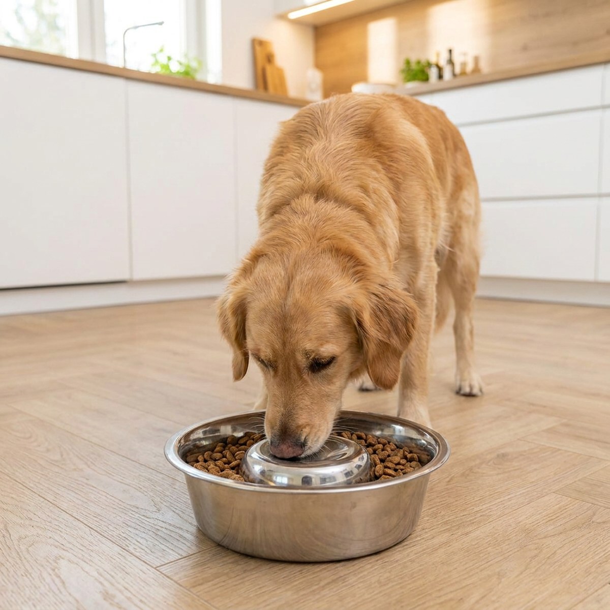 Hund äter ur en rostfri slow feeder med mönstrad botten