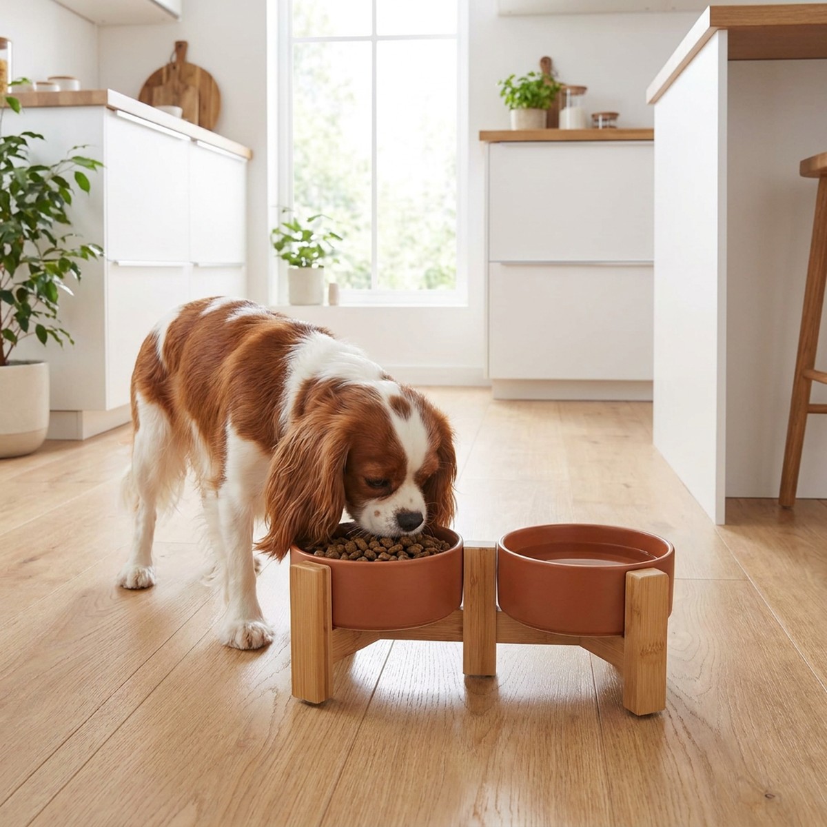 Cavalier king charles spaniel äter ur en låg dubbelskål i brun keramik på ett bambustativ