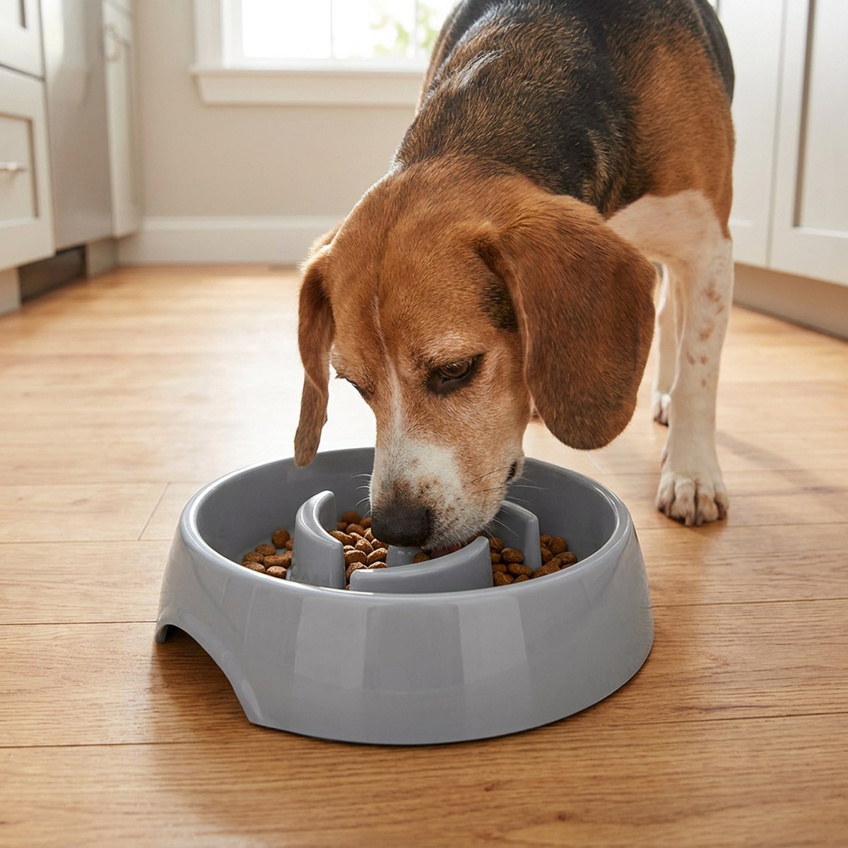 Hund arbetar nosen mellan åsarna i en slow feeder av plast