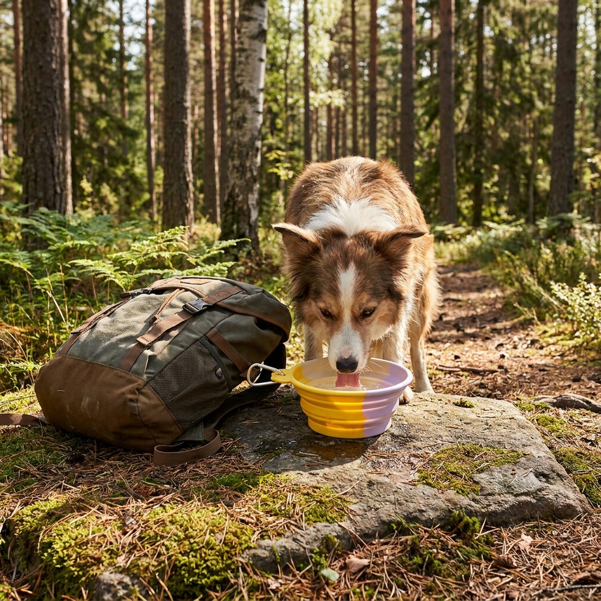 Hopfällbar silikonskål med karbinhake på en sten längs en skogsstig